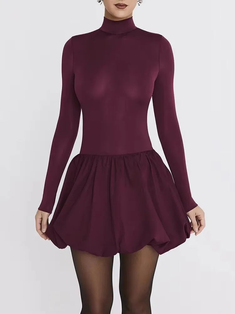 Burgundy Turtleneck Long Sleeve Puff Skirt Mini Dress