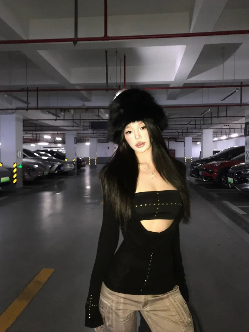 Black Long Sleeve Cut Out Drape Halter Top - Y2K Skinny Fit