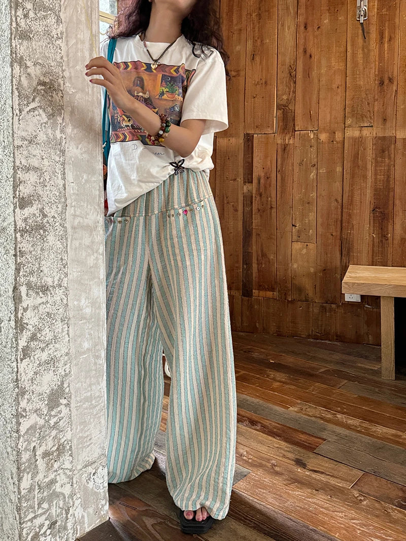 Blue Striped Wide Leg Pants