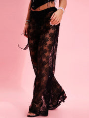 Black Mesh Floral Rhinestone Pants