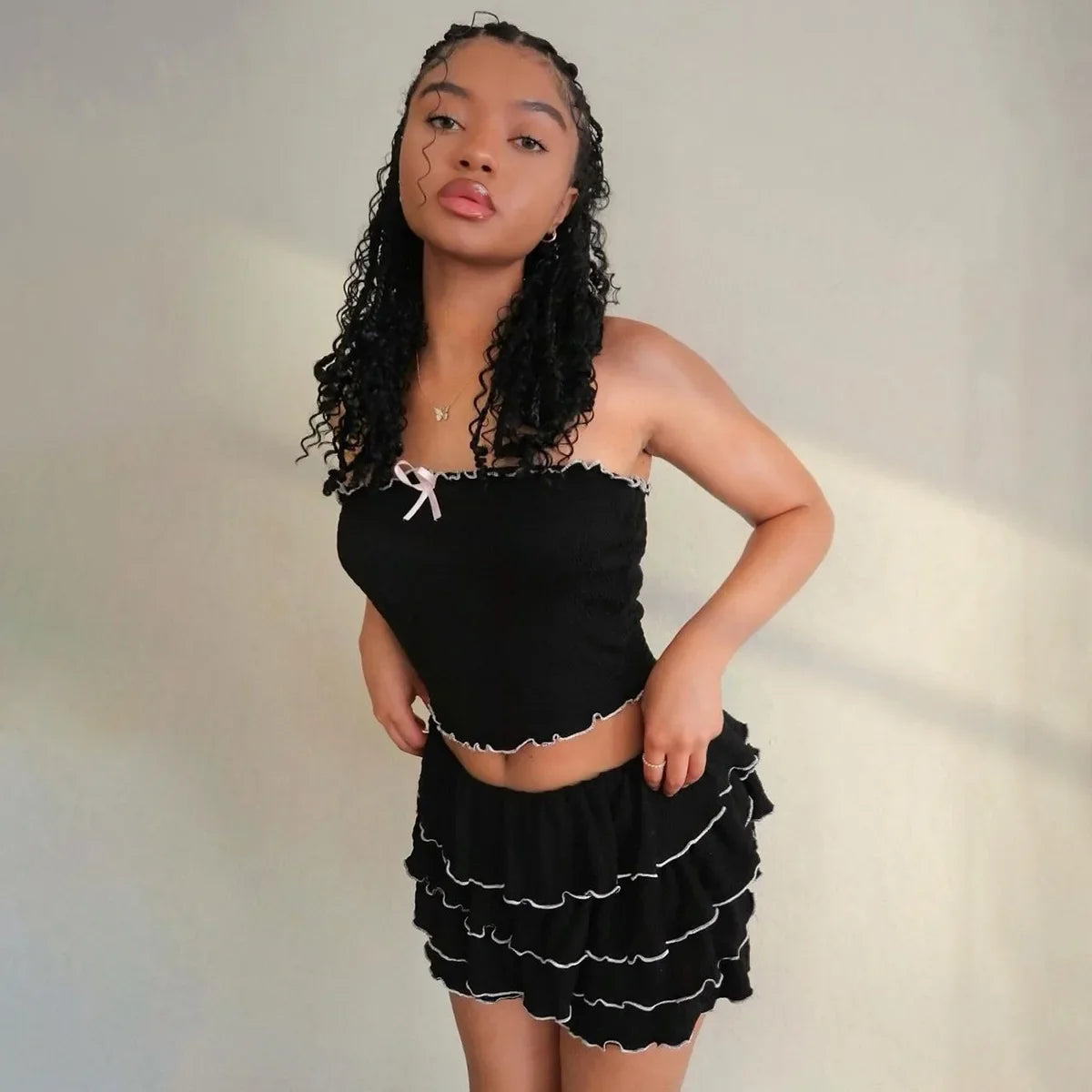 Black Bow Crop Top Ruffled Mini Skirt Set