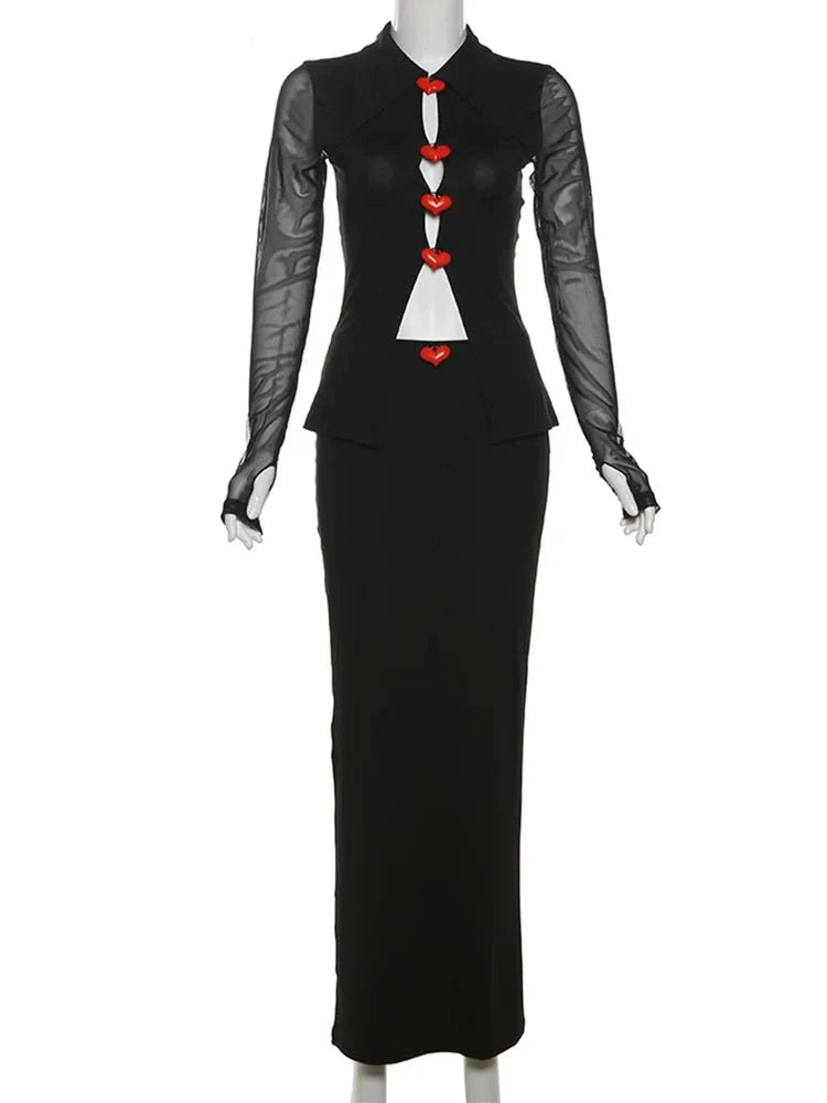 Black Mesh Top And Maxi Skirt Outfit Set