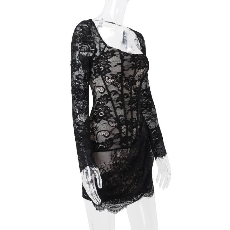 Black Long Sleeve Lace Bodycon Drape Mini Dress