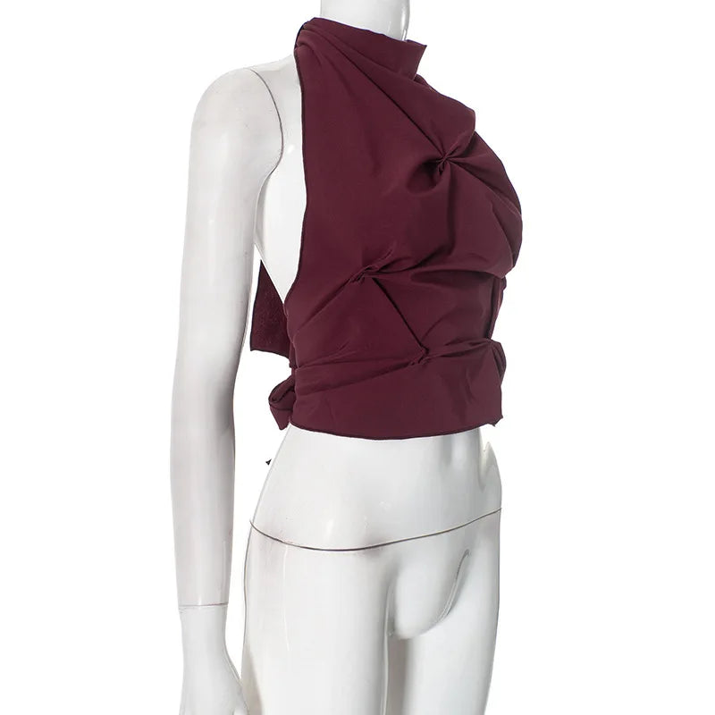 Halter Pinched Ruched Open Back Top