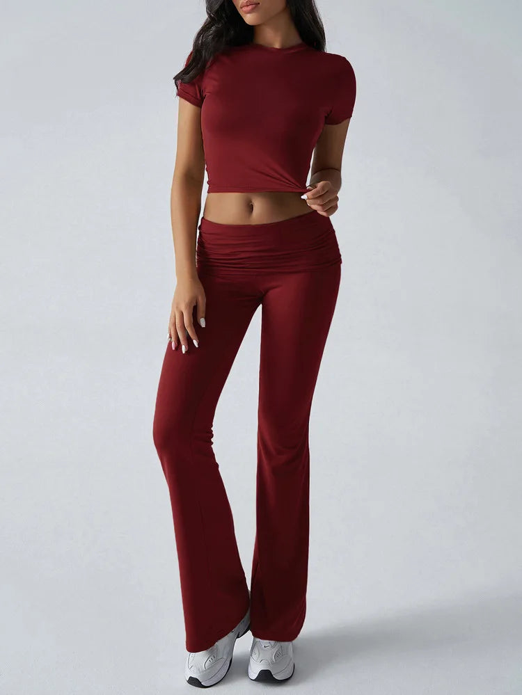 Slim Fit Two Piece Short Sleeve Top & Pant Set - Athleisure Workout Style