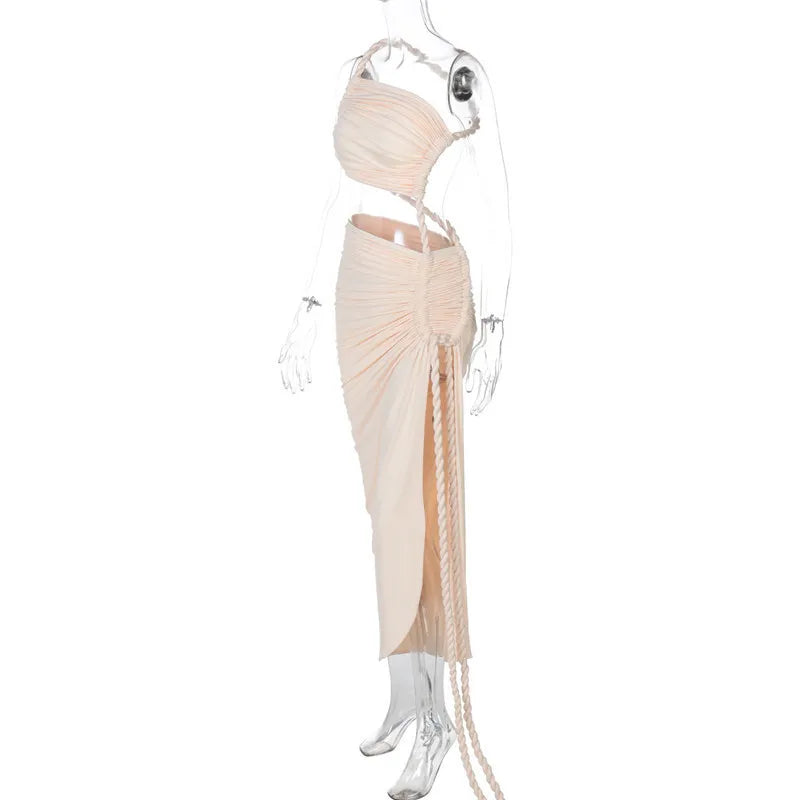 Cut Out Rope Design One Shoulder Slit Midi Dress