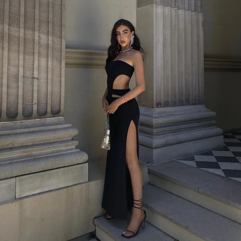 Black Strapless Cut Out Maxi Dress