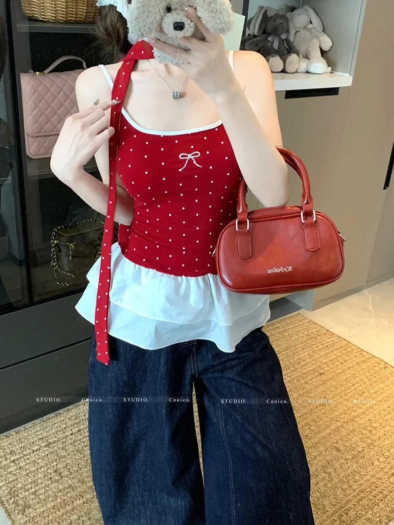 Red Polka Dot Bow Frill Top