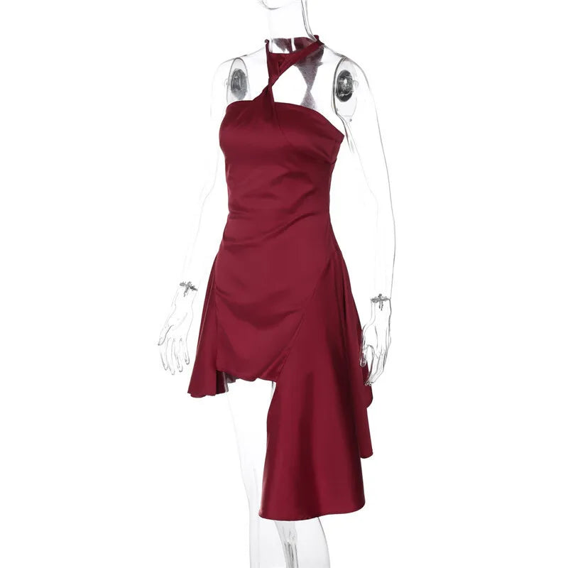 Burgundy Twisted Halter Satin Frill Mini Dress