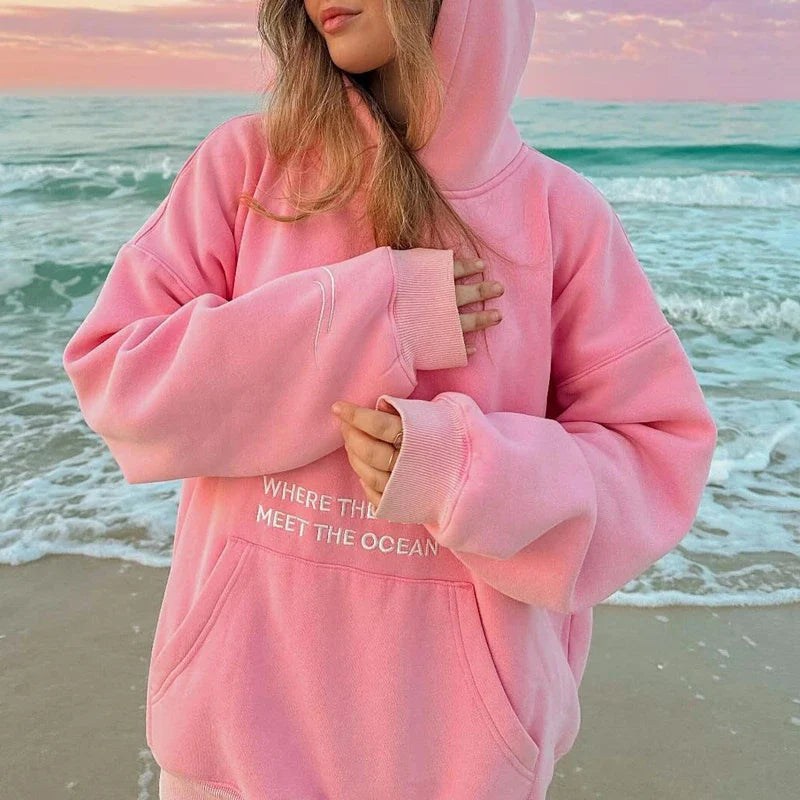 Floral Letter Embroidery Hoodie - Loose Fit Pullover