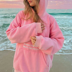 Floral Letter Embroidery Hoodie - Loose Fit Pullover