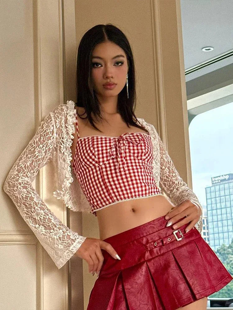 Red Plaid Print Camisole Bustier Top