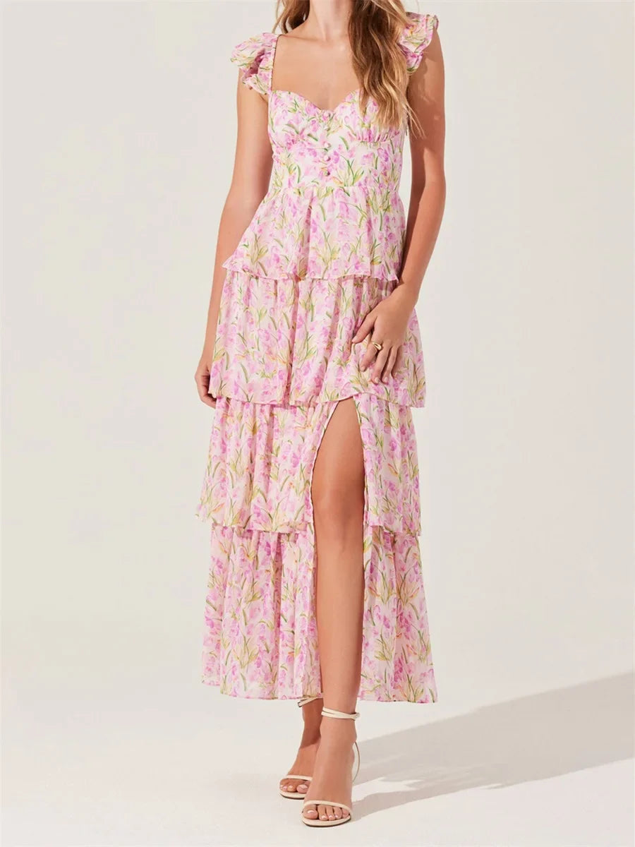 Floral Print Multi-Layered Tiered Ruffles Maxi Dress