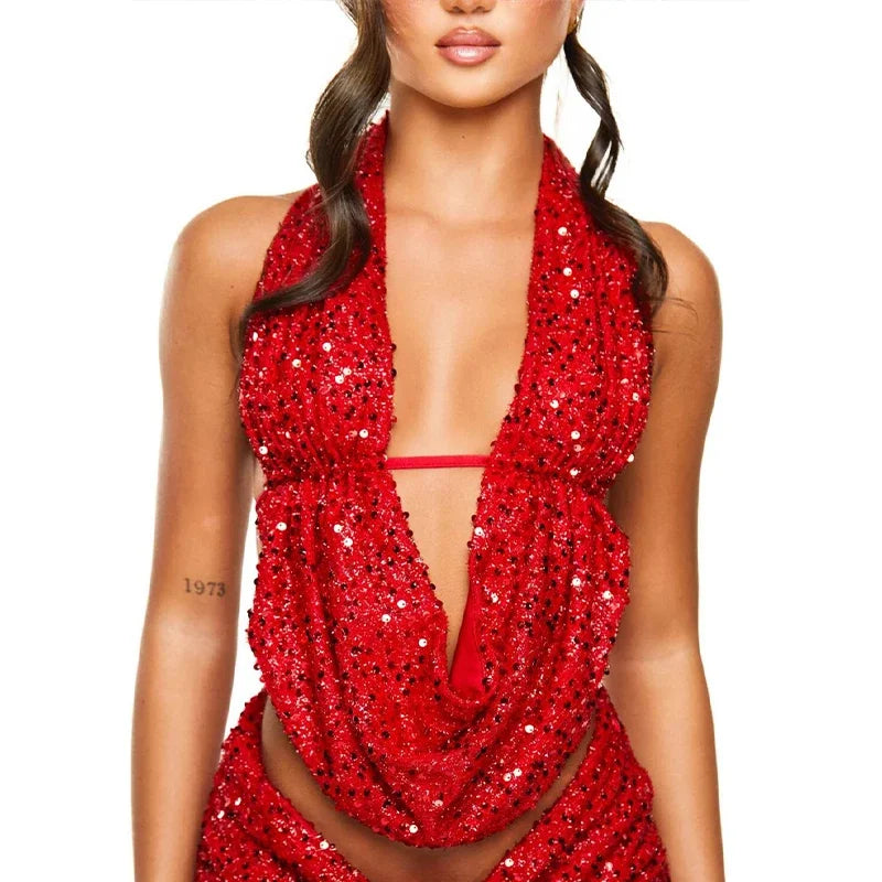 Sequins Deep Neck Halter Tank Top