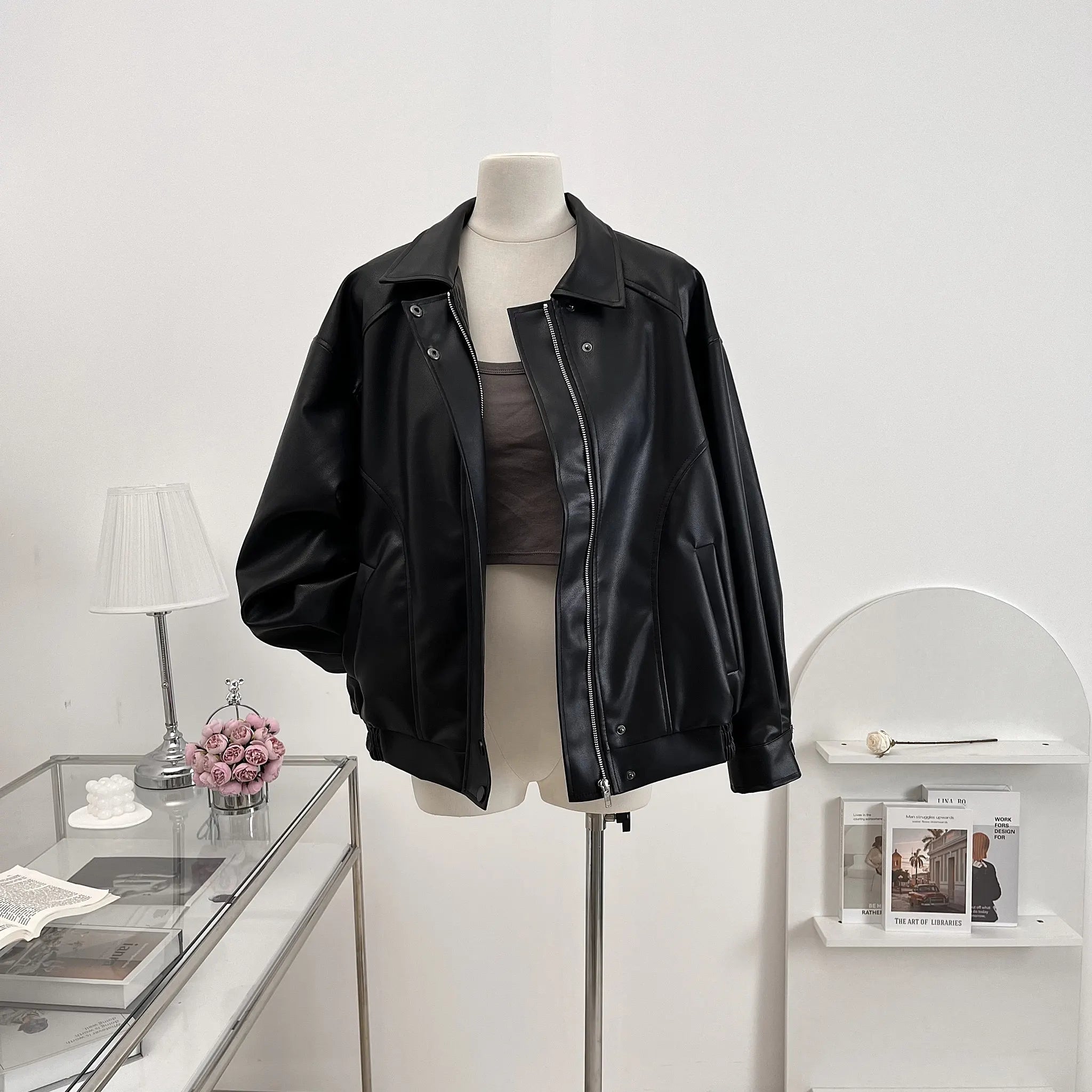 Faux Leather Zipper Over-shirt Jacket