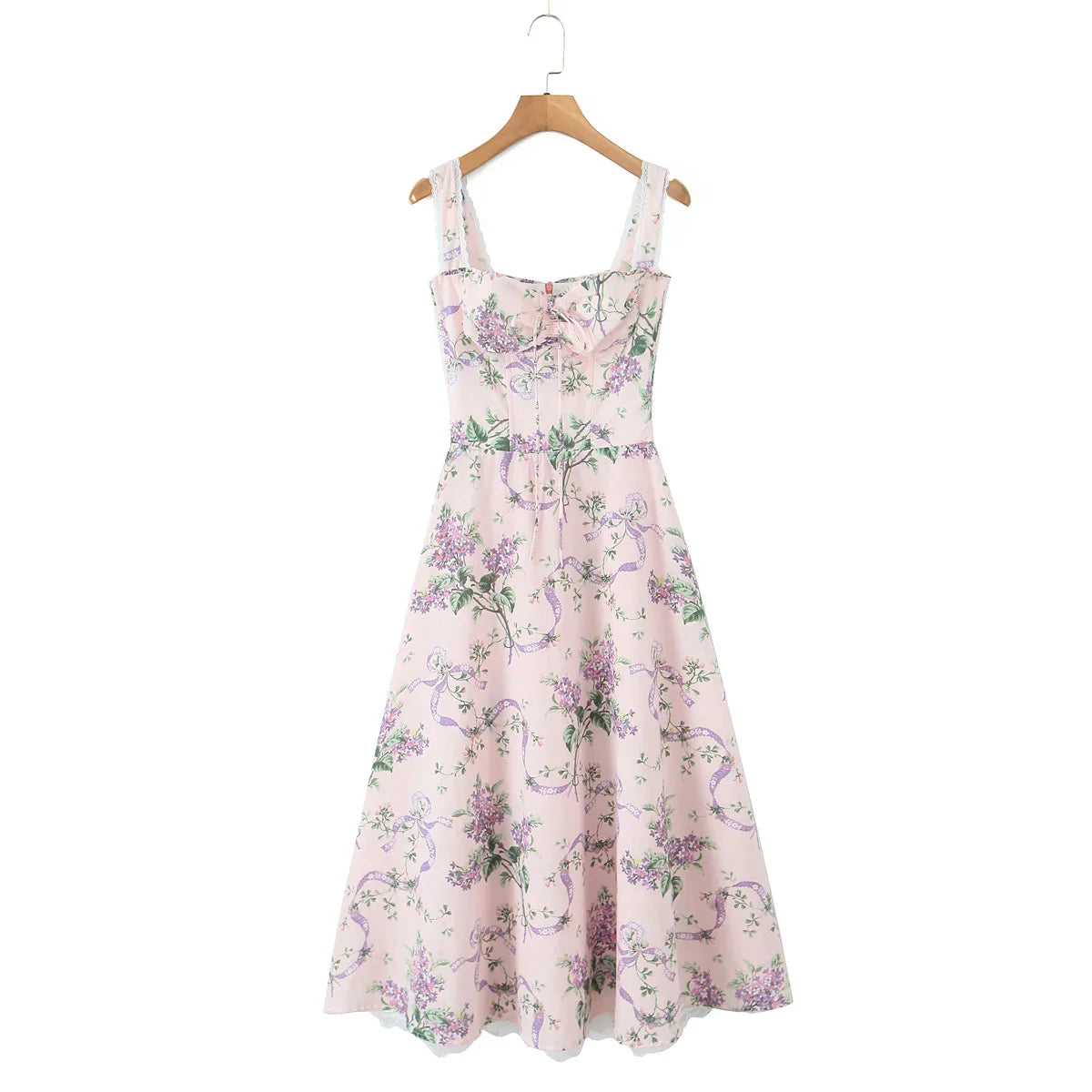 Pink Floral Print Bow Ruched Midi Dress