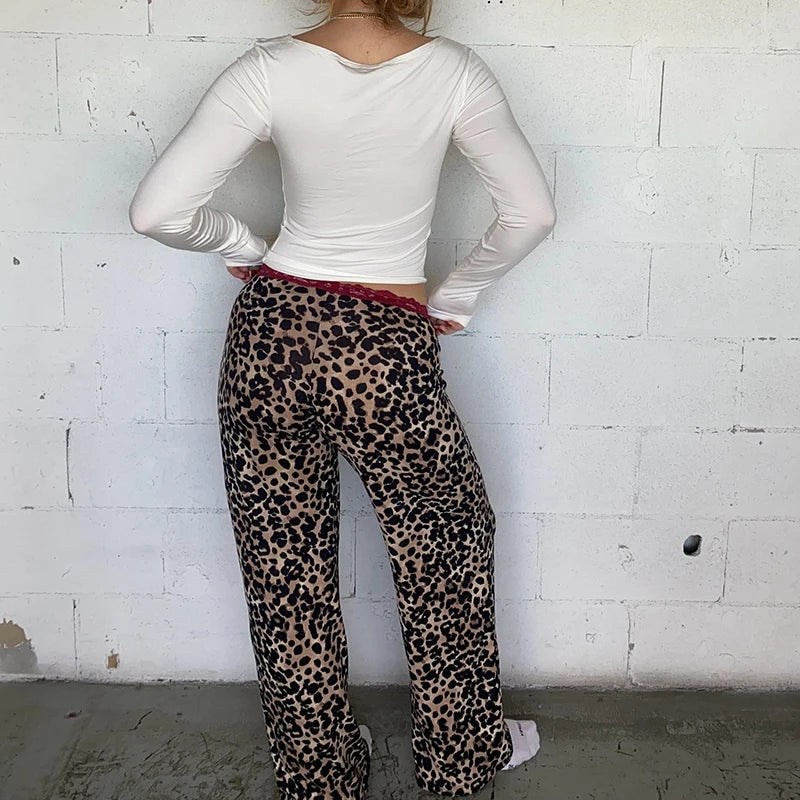 Leopard Printed / Solid Lace Trim Wide Leg Pants