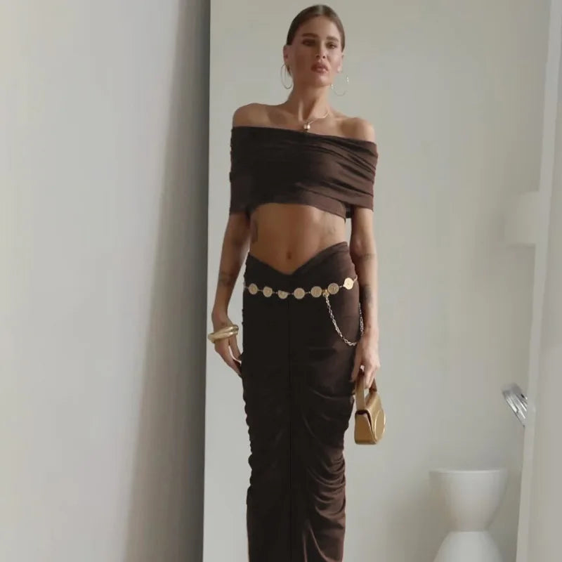 Off-shoulder Crop Top And Ruched Maxi Skirt Set