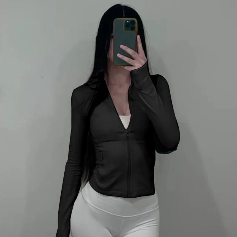 Solid Zipper Hoodie Sports Yoga Top