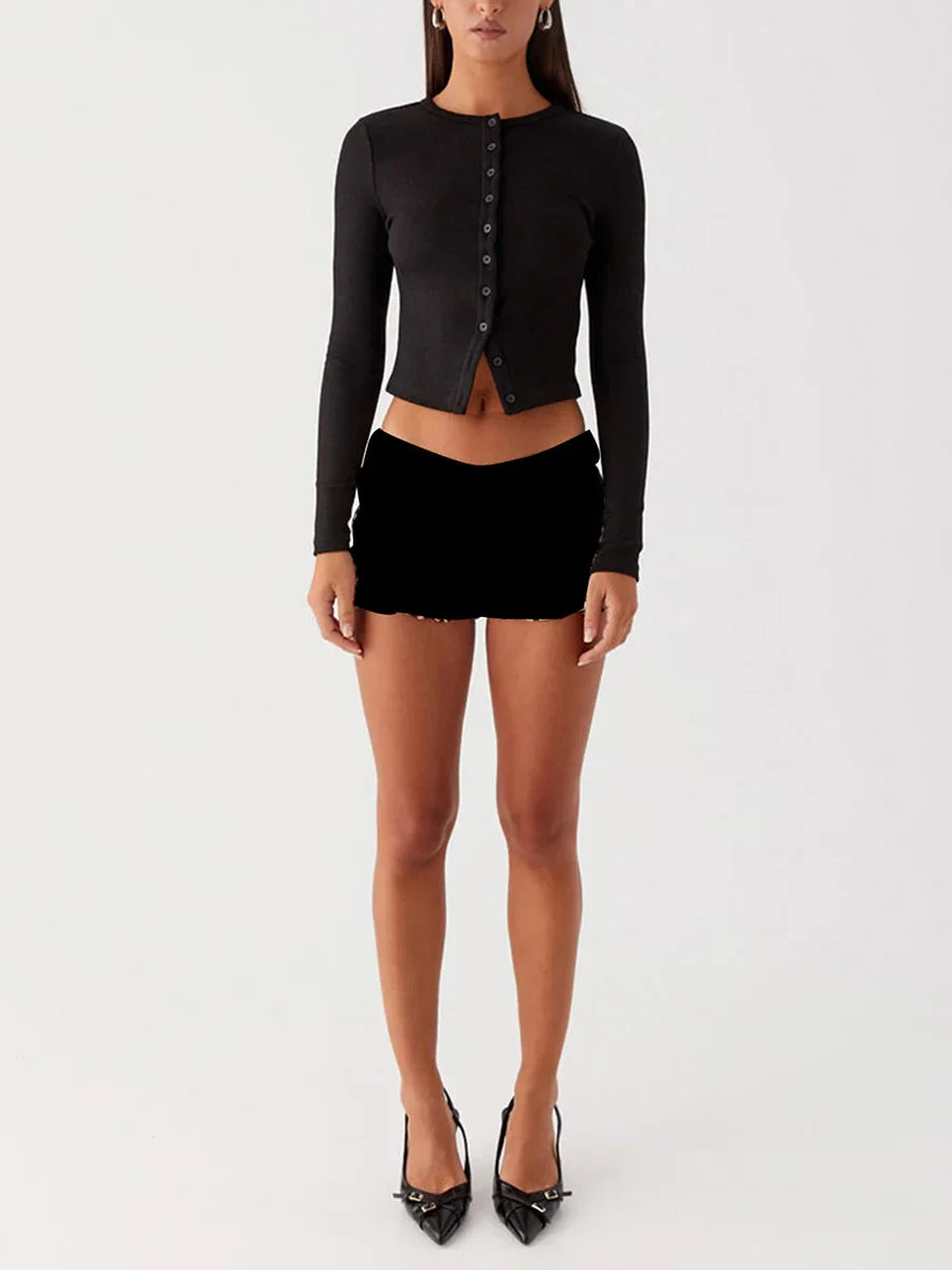 Ribbed Button Long Sleeve Top - Y2K Aesthetic