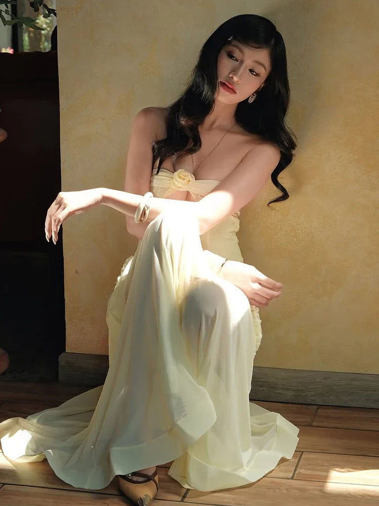 Strapless Cut Out Mesh Corset Ruffles Maxi Dress