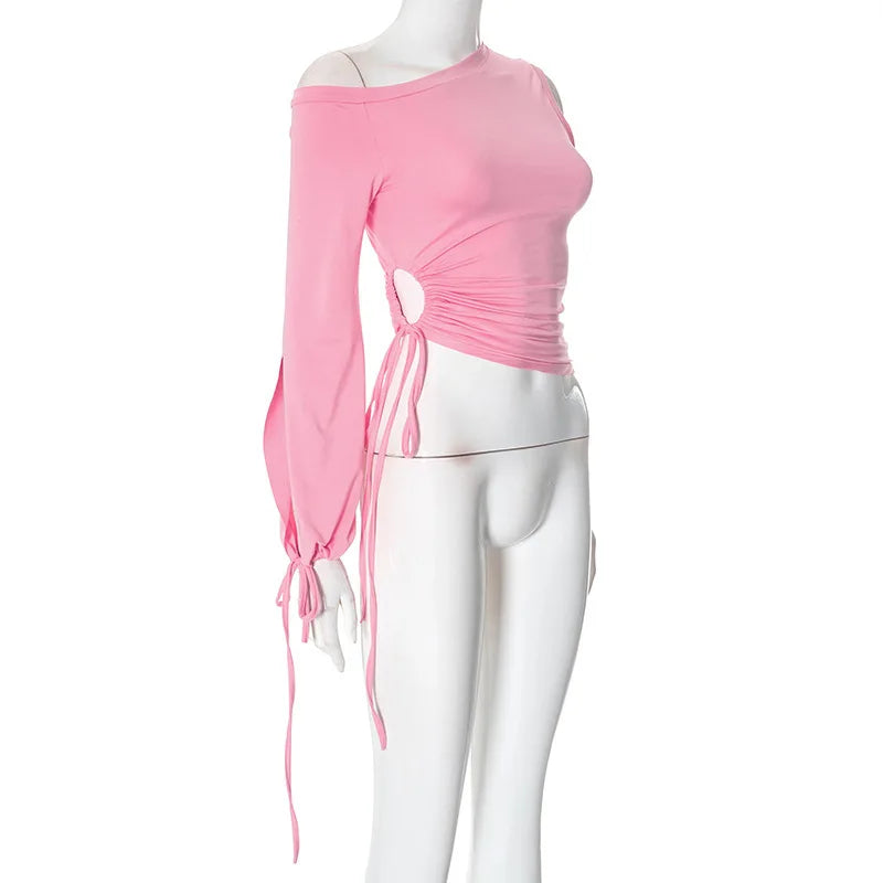 Pink One Shoulder Drawstring Top