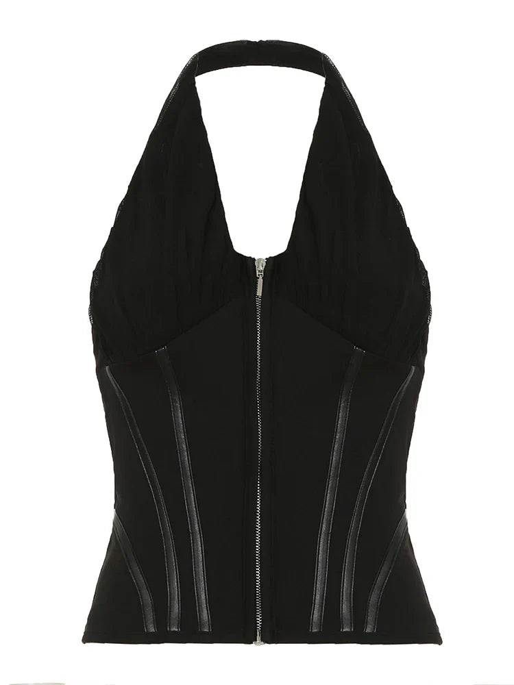 Black Mesh Halter Corset Top - Structured Streetwear Style