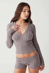 Long Sleeve Knitted V-Neck Hooded Sweater And Shorts Set