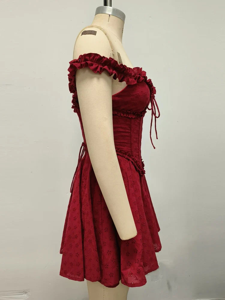 Red Off Sholder Ruffles Mini Dress