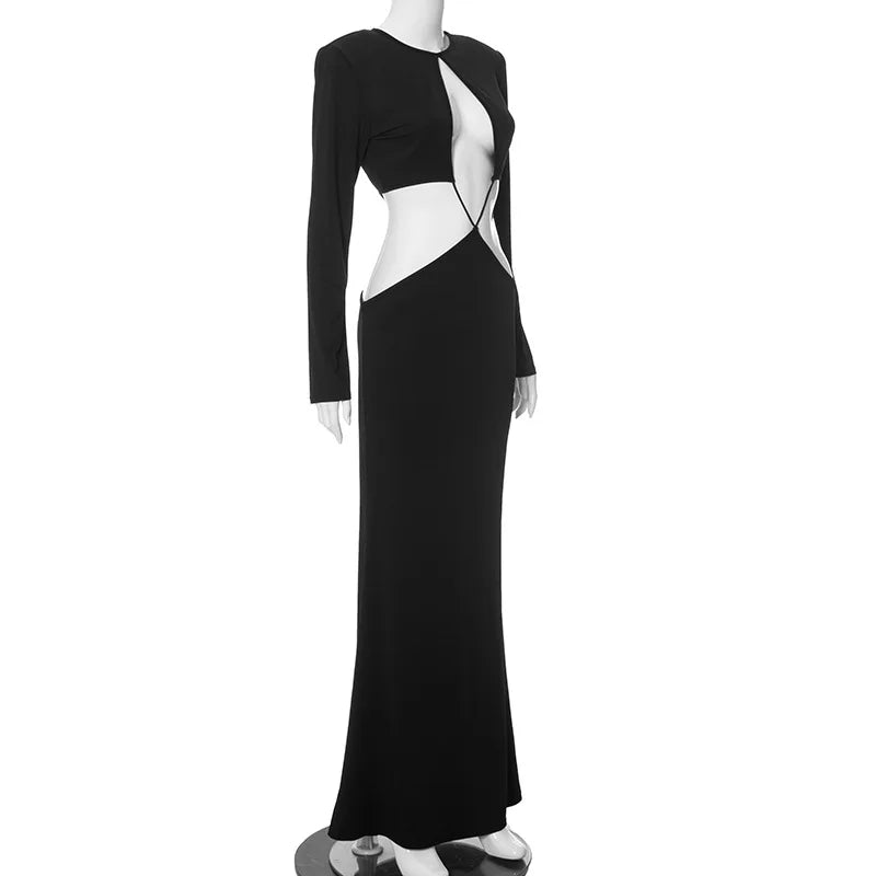 Black Long Sleeve Criss Cross Strap Cut Out Maxi Dress
