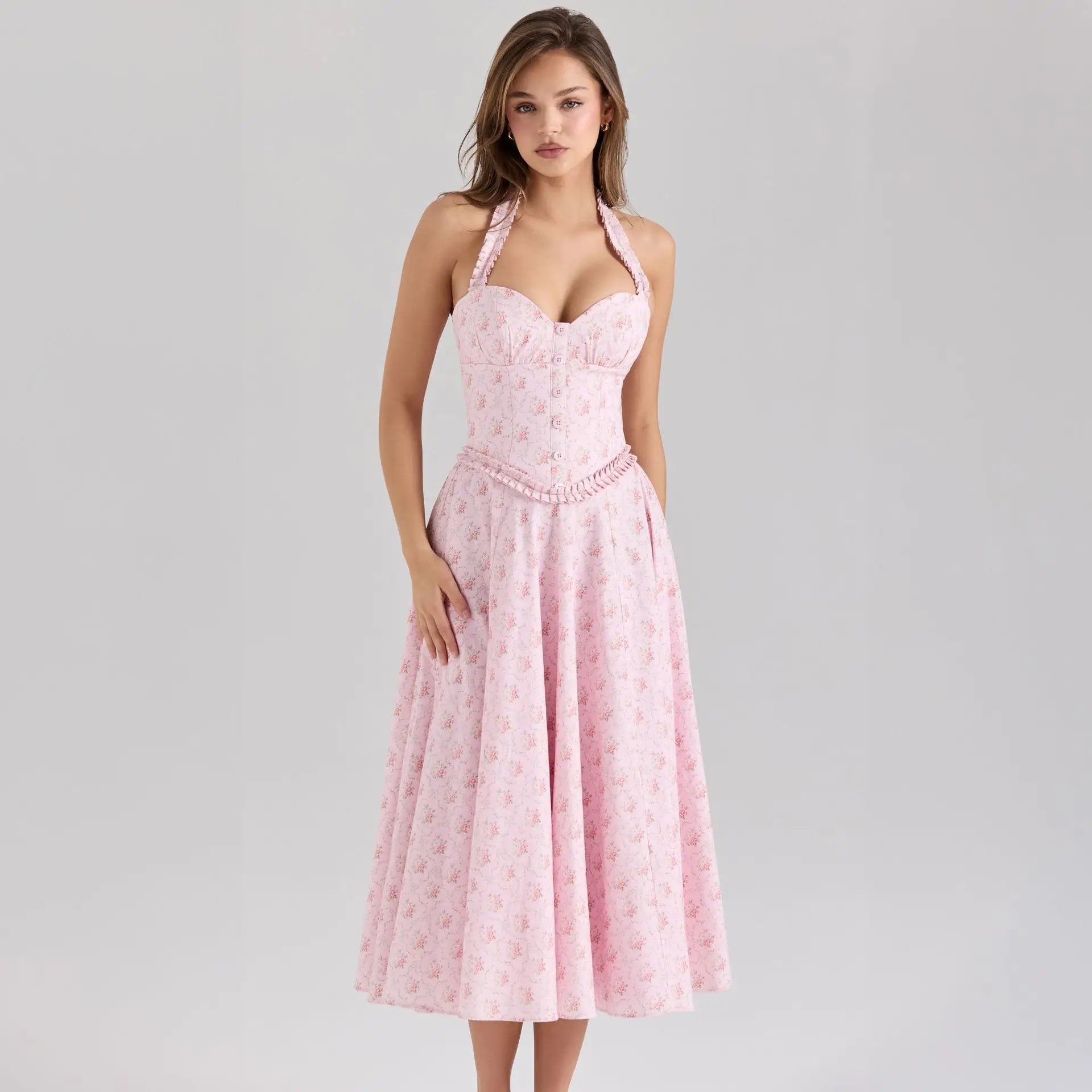 Pink Floral Print Braided A-line Midi Dress