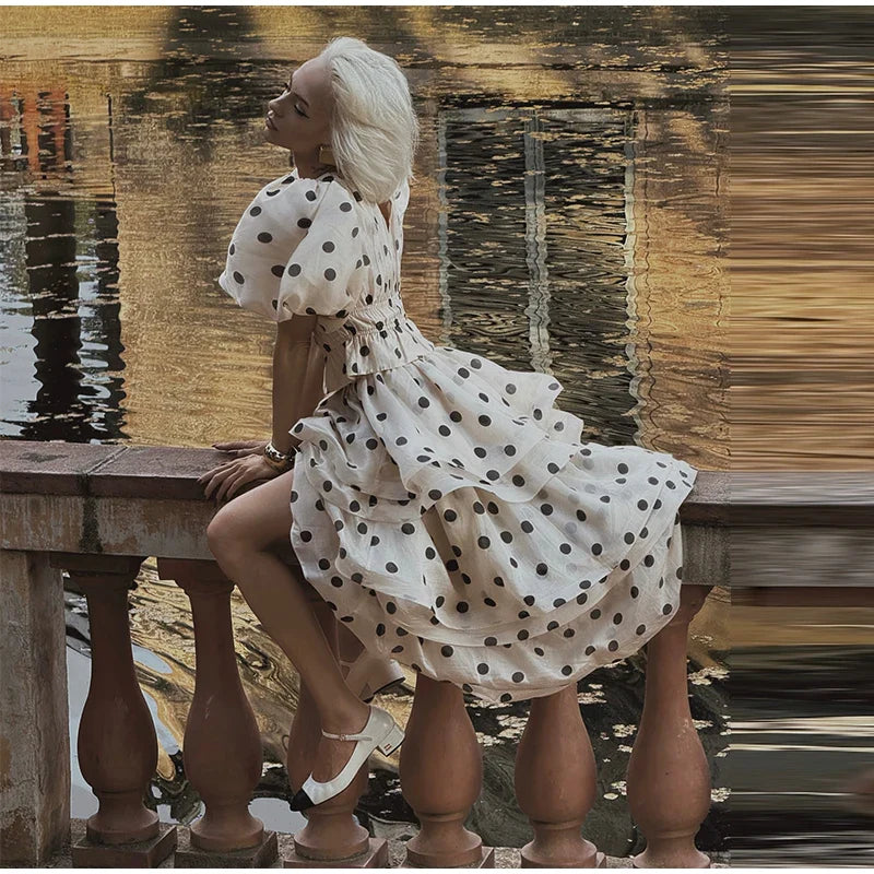 Polka Dot Bubble Sleeve Top And Ruffles Maxi Skirt Set
