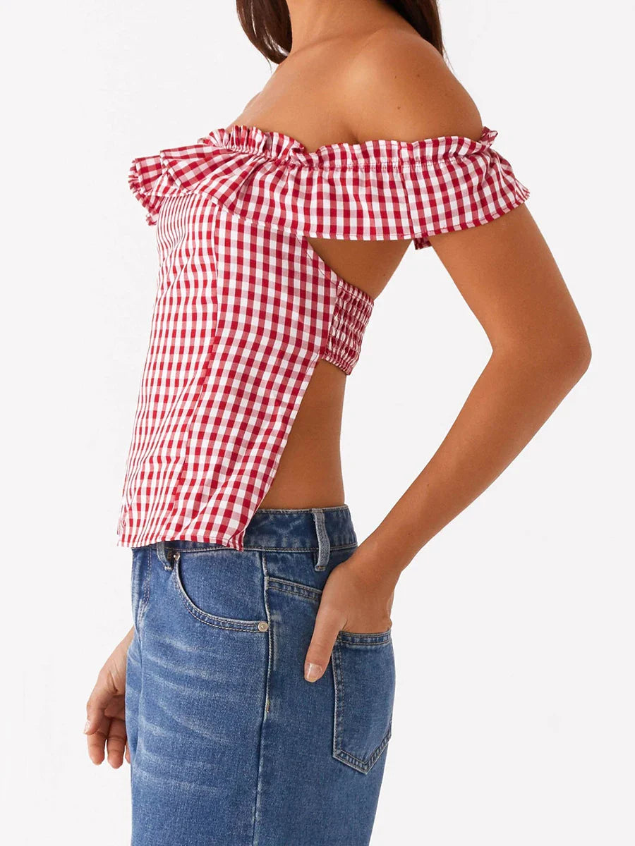 Red Plaid Off Shoulder Ruffles Top