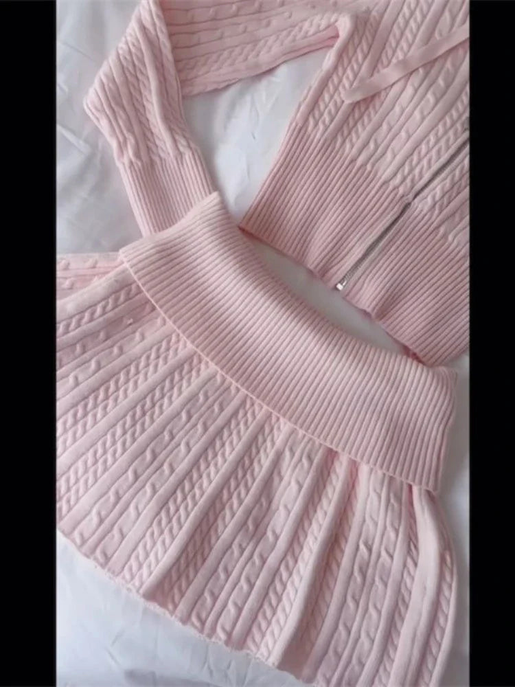 Pink Cable Knit Zipper Crop Top And Mini Skirt Set