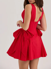 Red V-neck Pleated Mini Dress