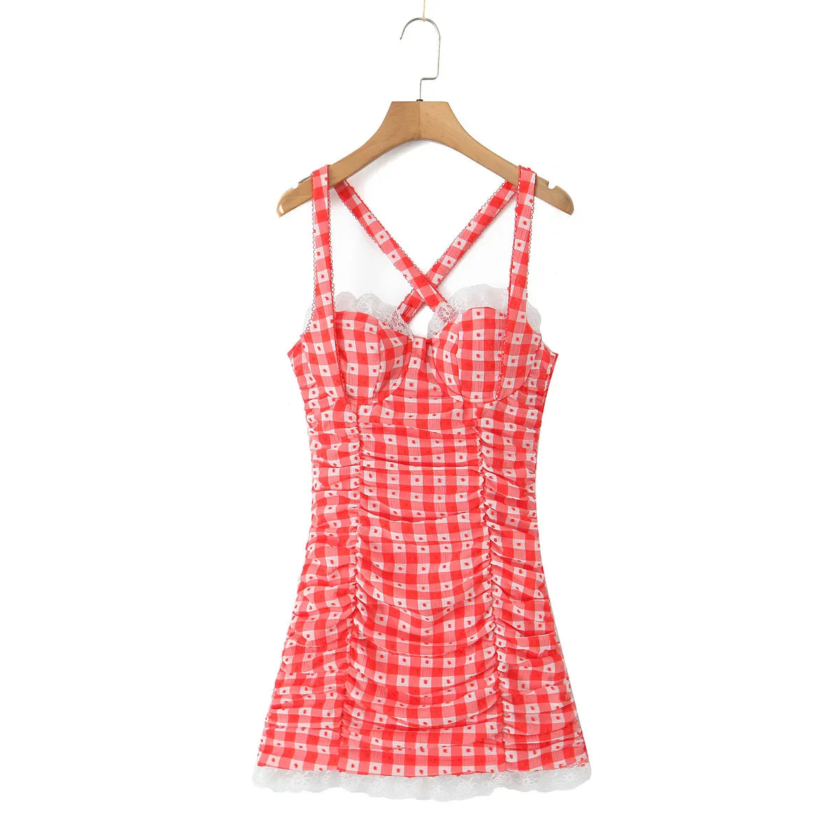 Red Plaid Plaid Dot Lace Mini Dress