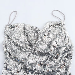 Silver Sequin Cowl Neck Midi Dress