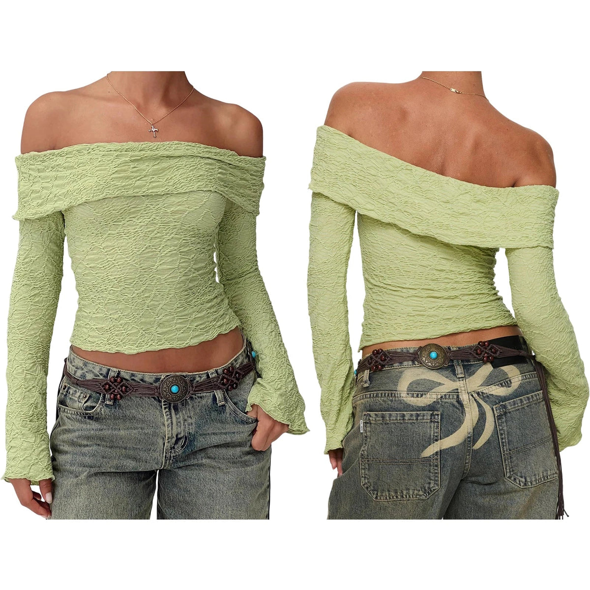 Off Shoulder Long Sleeve Textured Top