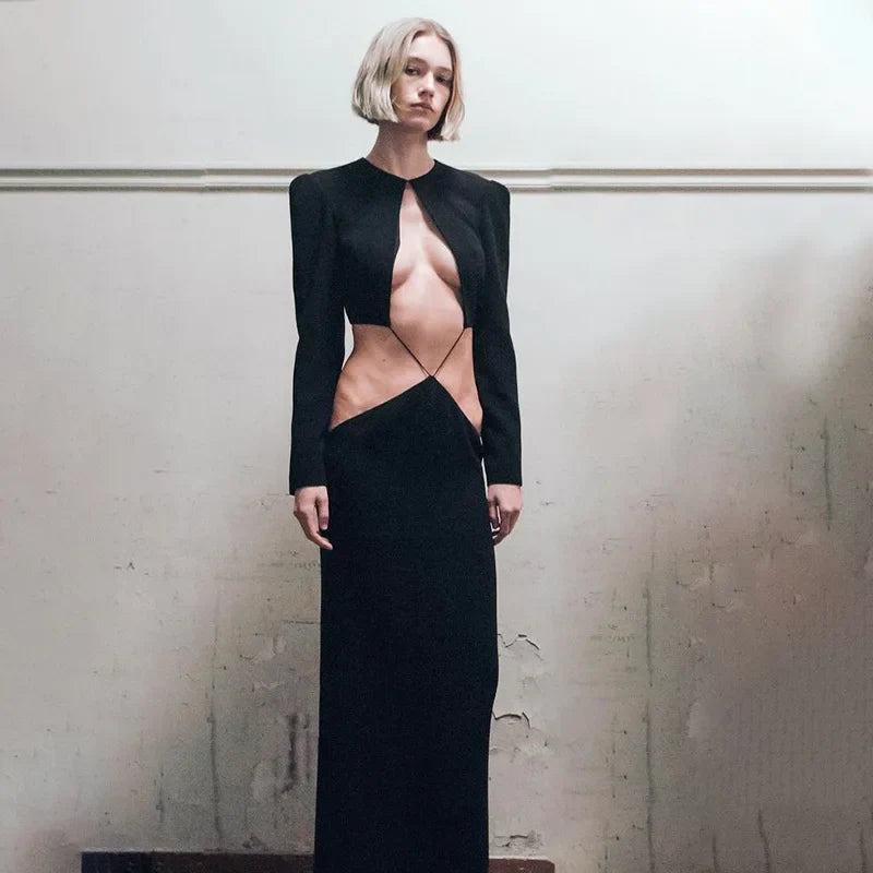 Black Long Sleeve Criss Cross Strap Cut Out Maxi Dress