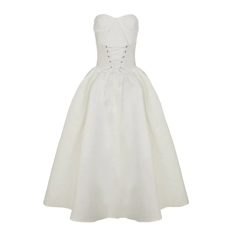 White Strapless Lace Up Midi Dress