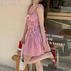 Striped Elastic Waist Frill Mini Dress