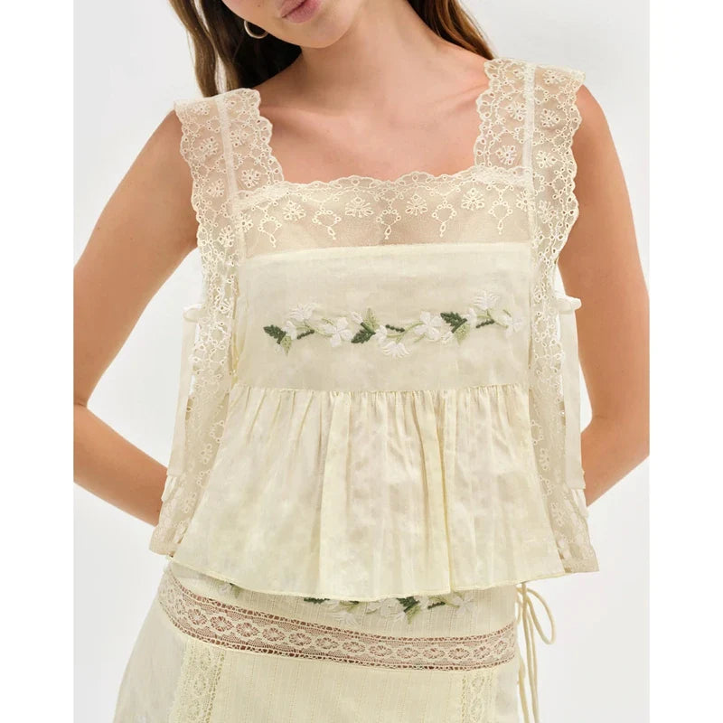 Lace Patchwork Square Neck Flower Embroidery Side Tied Top