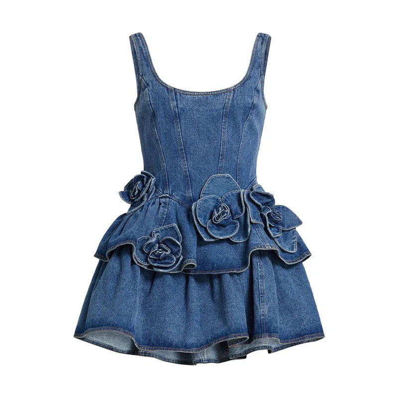 3D Flower Denim Mini Dress
