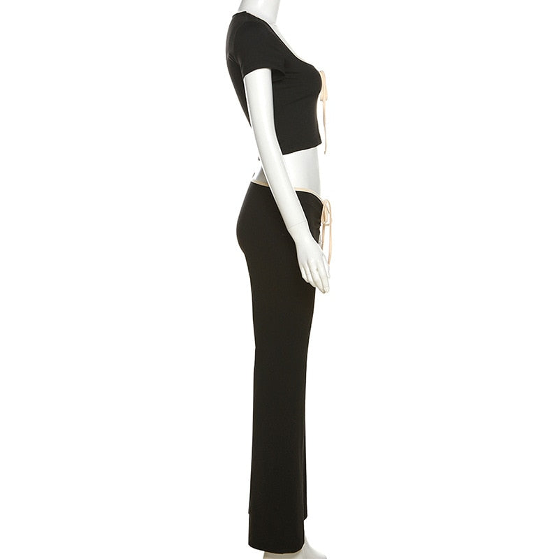 Black Ribbon Tie-Up Top And Pants Two Piece Set
