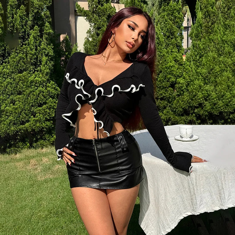 Black Long Sleeve Tie Up Ruffles Top
