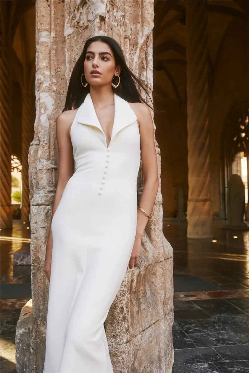 Deep Neck Large Collar Buttoned Halter Midi Dress