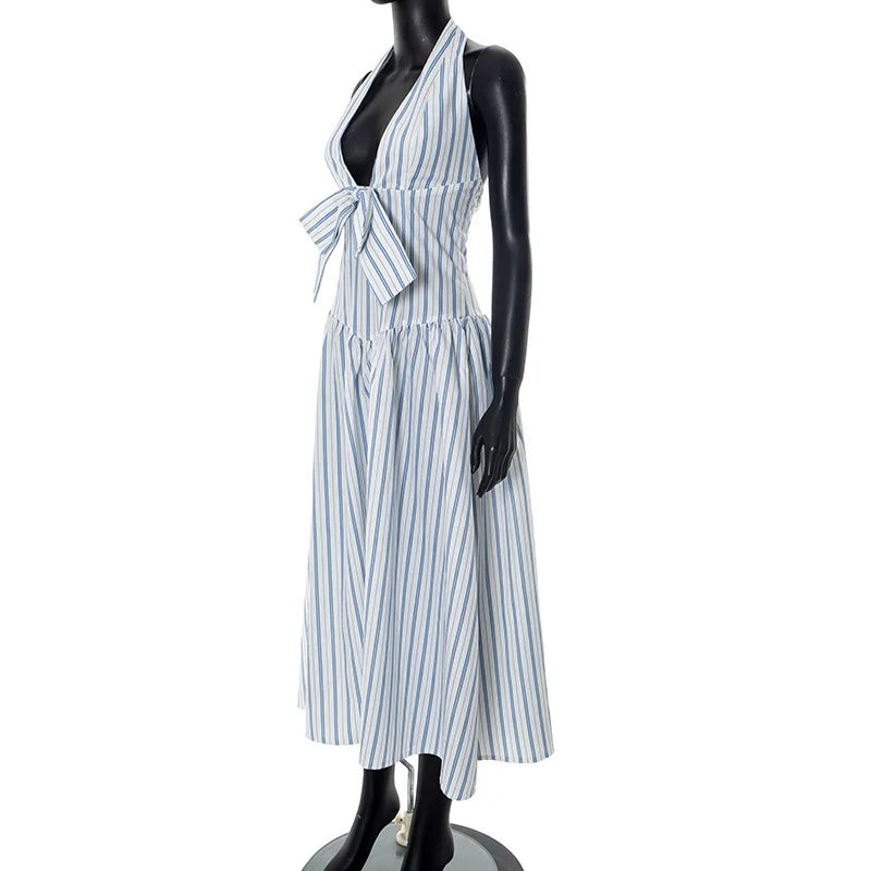 Blue Stripe Deep Neck Maxi Dress