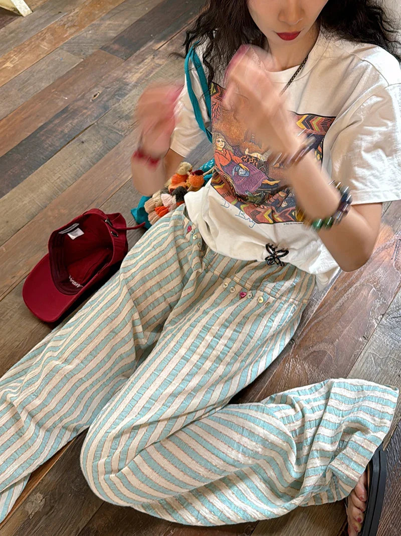 Blue Striped Wide Leg Pants