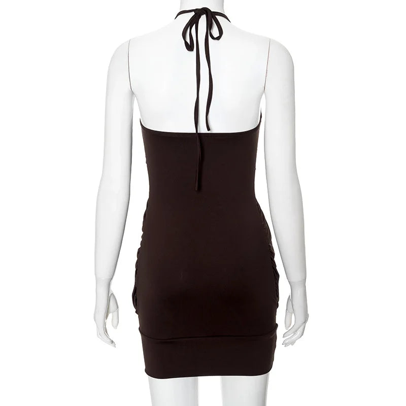 Brown Halter Strap Puff Mini Dress