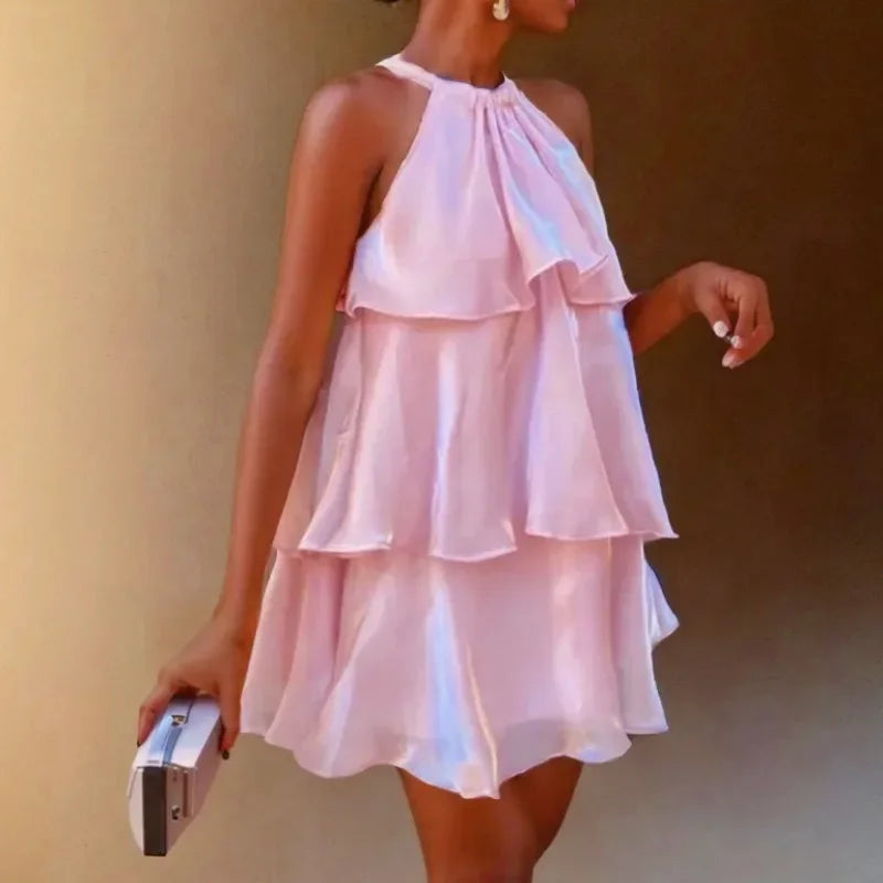 Mesh Ruffled Halter Mini Dress